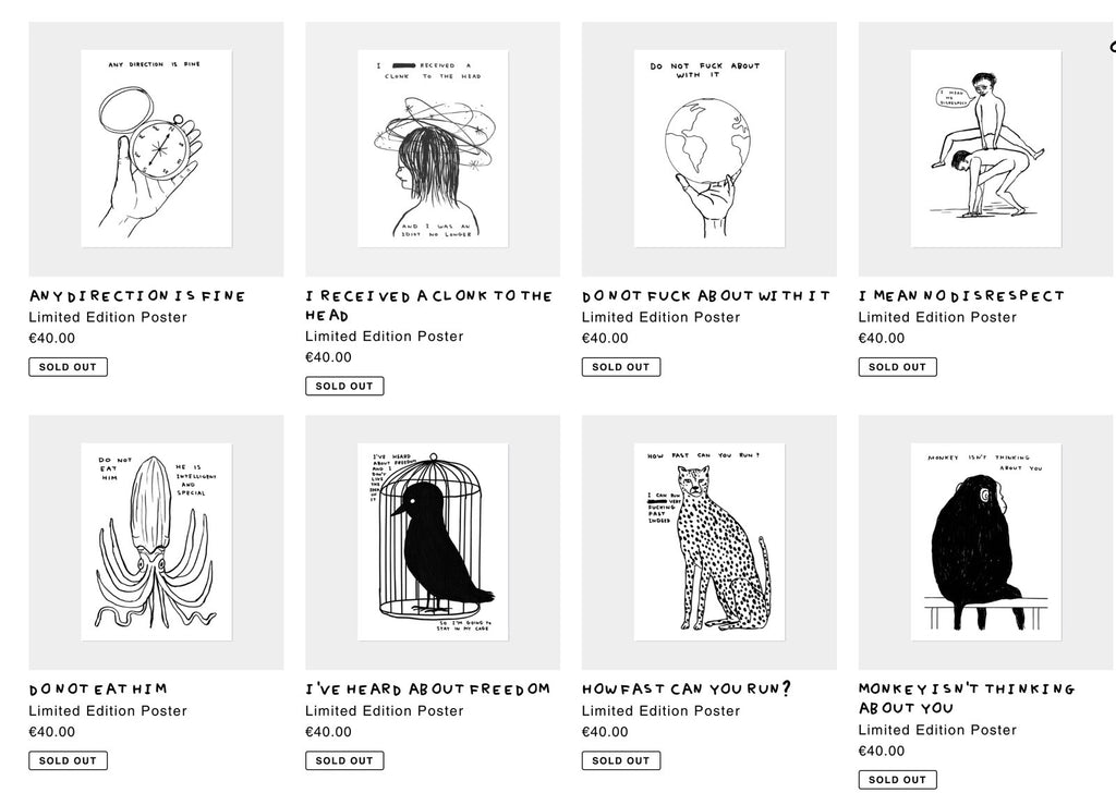 David shrigley - Print 2020 /250 Set di 8 POSTER