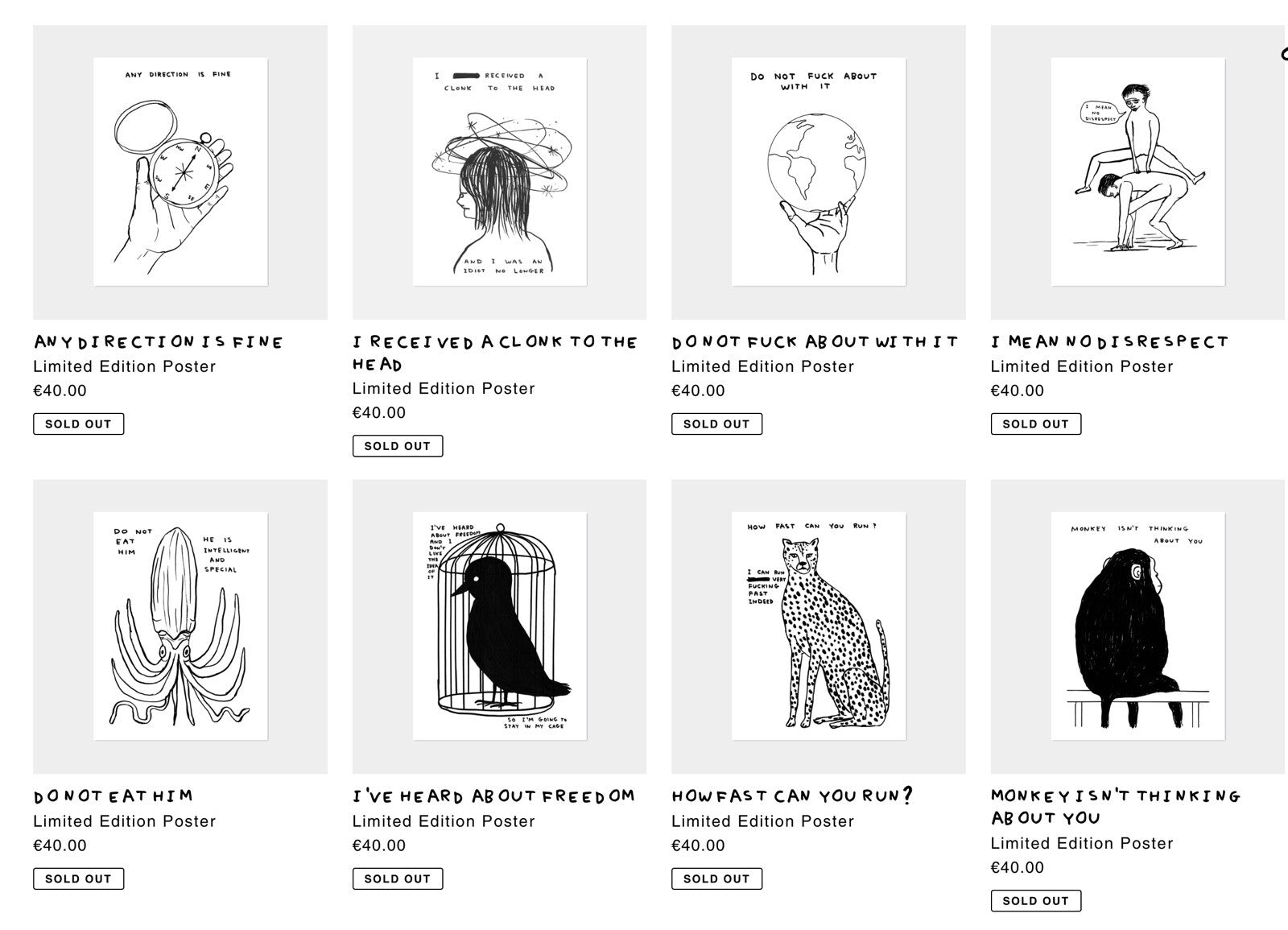 David shrigley - Print 2020 /250 Set di 8 POSTER
